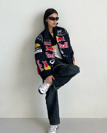 Red Bull F1 Racing Jacket for Men – Parachute Puffer Style with Printed Logos