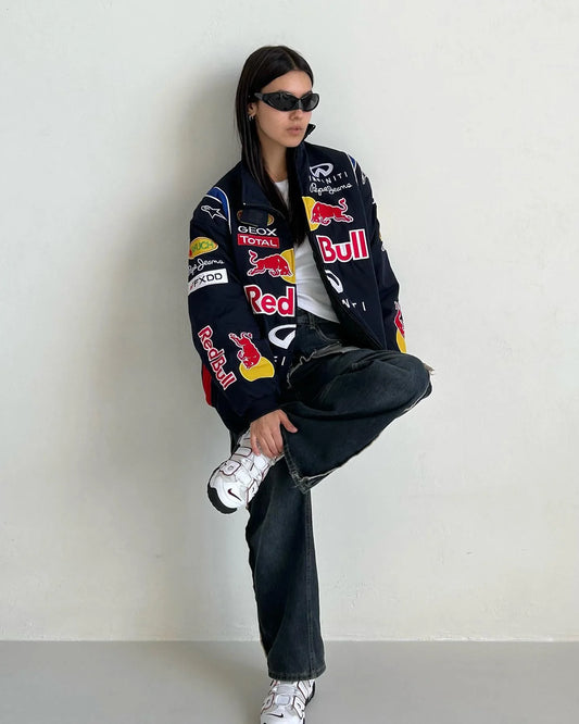Red Bull F1 Racing Jacket for Men – Parachute Puffer Style with Printed Logos