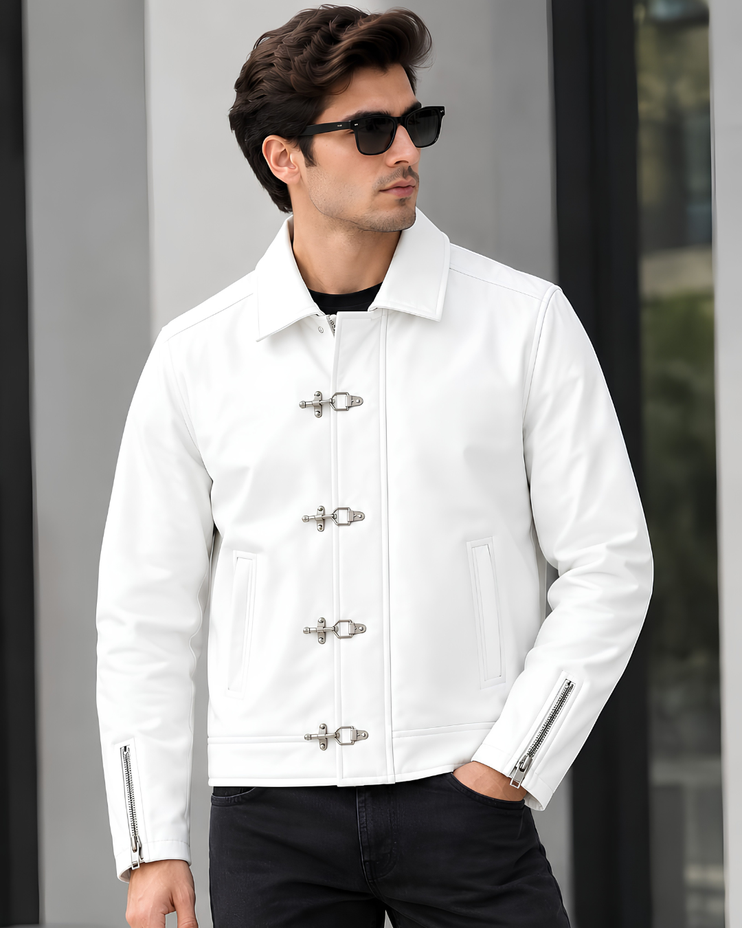 white faux leather jacket with streetwear clasp hardware