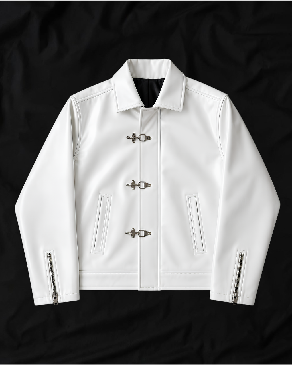 white streetwear clasp faux leather jacket front view