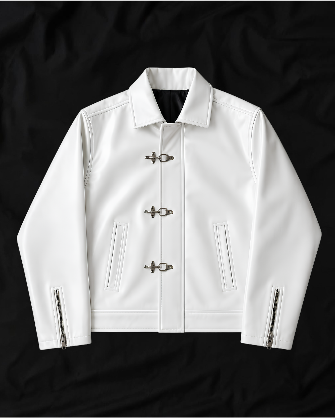 white streetwear clasp faux leather jacket front view